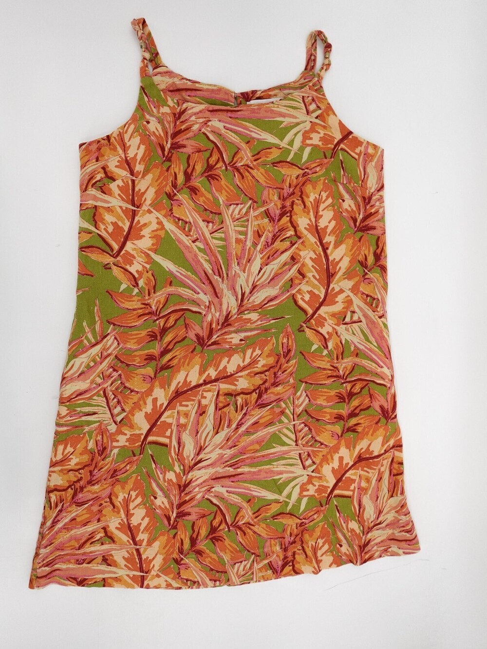 C&C California Dress Womens Medium Green Orange Tropical Linen Sundress